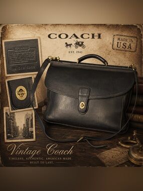 Coach Vintage Black Leather Briefcase Messenger Bag USA Made Crossbody